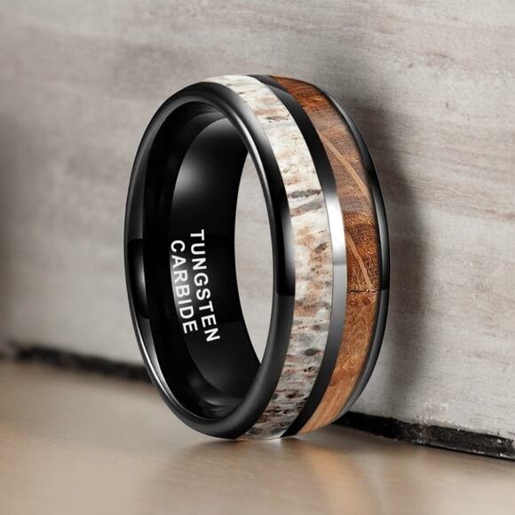 NEW 8mm whiskey wood and deer antler men's wedding band ring jewelry 11.5 B22A - Picture 9 of 10